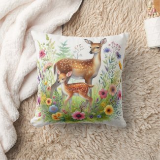 Fallow Doe Deer Fawn and Wildflowers  Throw Pillow
