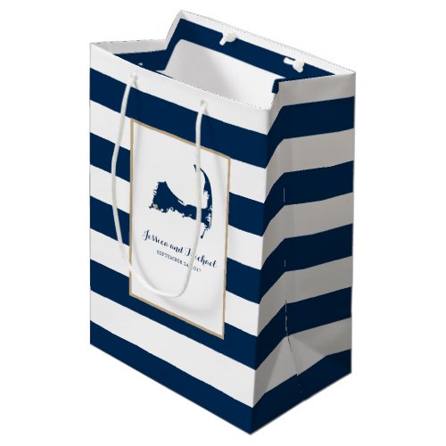 Falmouth Cape Cod Map with Gold Heart Blue Stripes Medium Gift Bag