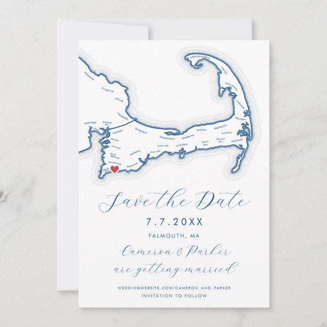 Falmouth MA Cape Cod Map Navy Blue Wedding Save The Date (Front)