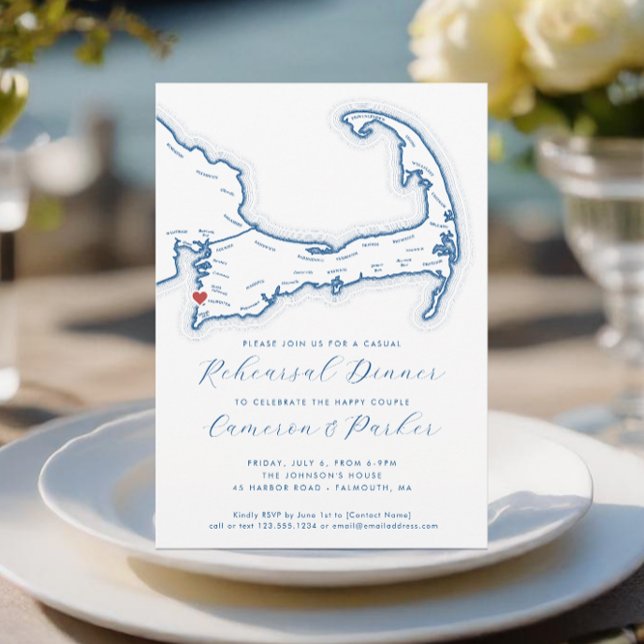Falmouth MA Casual Wedding Rehearsal Dinner Invitation (Falmouth MA Casual Cape Cod Wedding Rehearsal Dinner Invitation in Navy Blue from Coastal Map Design)
