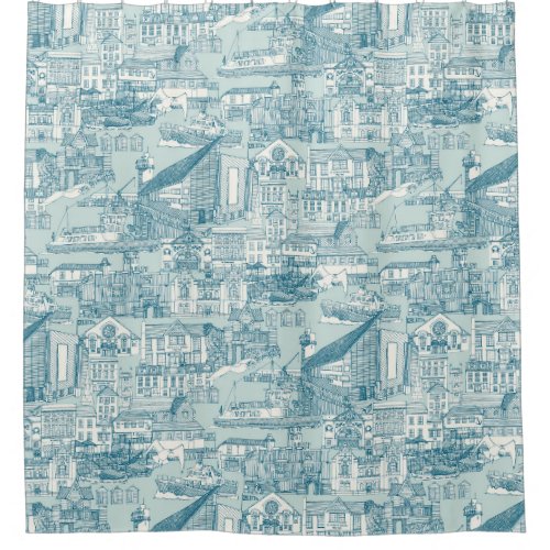 Falmouth toile peacock sea glass shower curtain