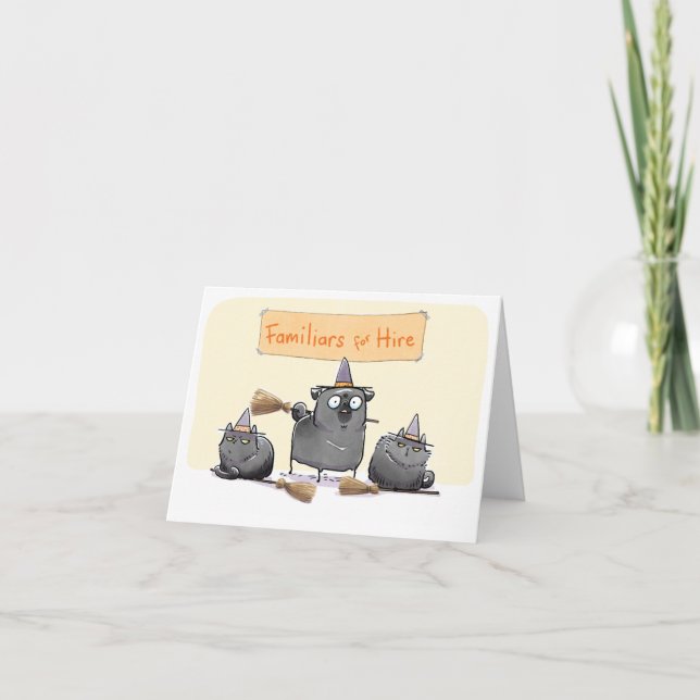 Familiars for Hire black pug Halloween card (Front)
