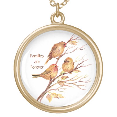 Families are Forever with Cute Watercolor Sparrows Gold Plated Necklace