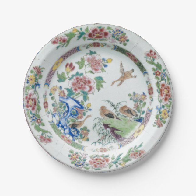 Famille rose faux porcelain chinoiserie bird crane paper plates (Front)