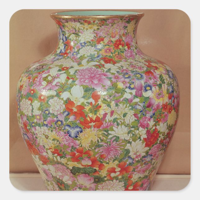 Famille Rose vase with a mille fleurs Square Sticker (Front)