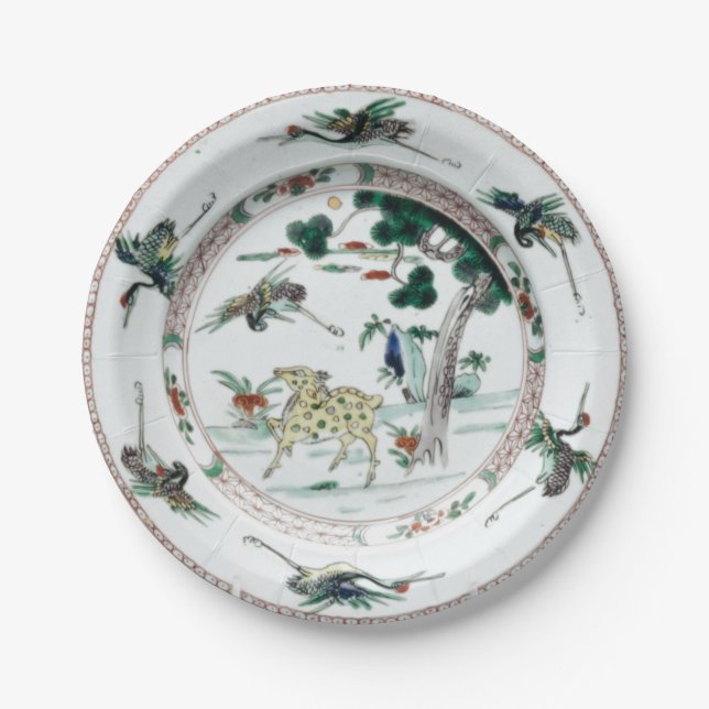 Famille verte porcelain chinoiserie crane deer paper plates (Front)