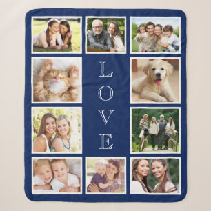Family 10 Photo Collage Navy Blue Sherpa Blanket