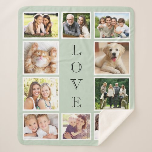 Family 10 Photo Collage Sage Green Sherpa Blanket