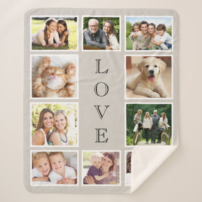 Family 10 Photo Collage Taupe Beige Sherpa Blanket (Front)