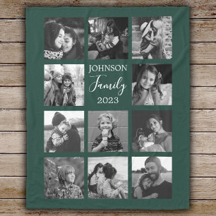 Family 11 Photo Collage Dark Green Fleece Blanket