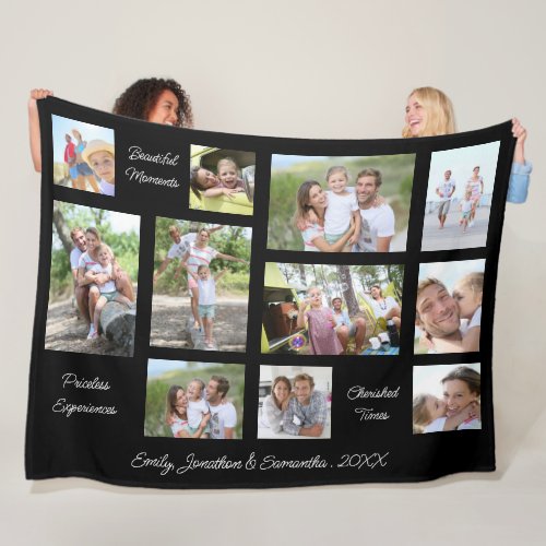 Family 11 Photo Collage Sentimental Quotes Black Fleece Blanket