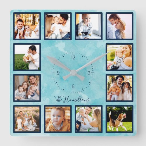 Family 12 Photos Collage Blue Watercolor Square Wall Clock