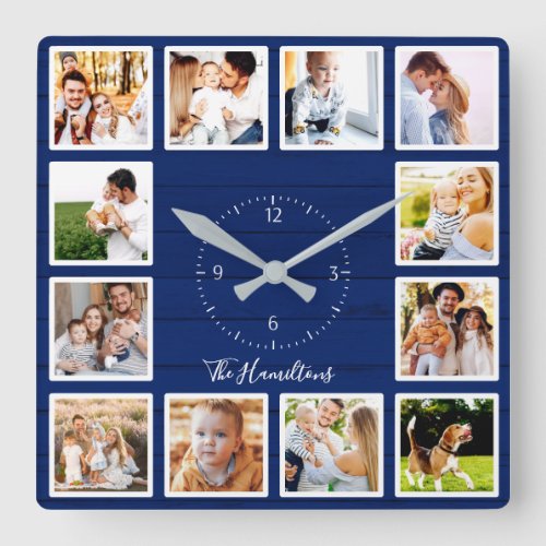 Family 12 Photos Collage Blue Wood Square Wall Clock
