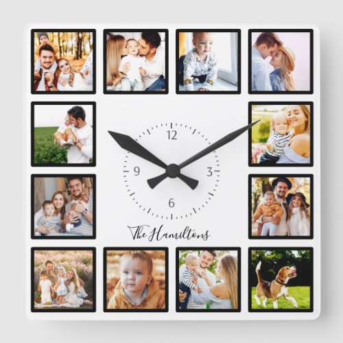 Family 12 Photos CollageChic Black And White Square Wall Clock