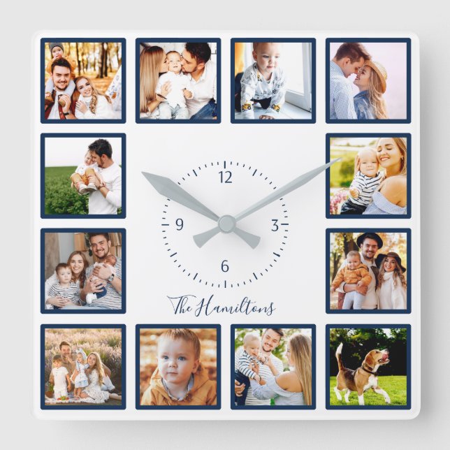 Family 12 Photos Collage Chic Blue And White Square Wall Clock (Front)