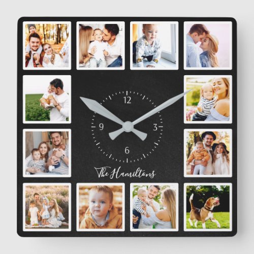 Family 12 Photos CollageChic Chic Black Chalk Square Wall Clock