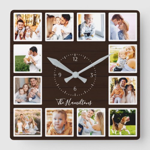 Family 12 Photos CollageDark Brown Wood Square Wall Clock