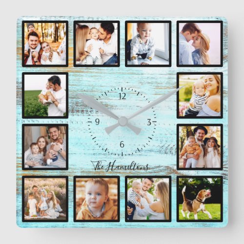 Family 12 Photos Collage Farmhouse Rustic Old Wood Square Wall Clock