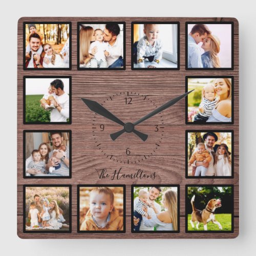 Family 12 Photos Collage Farmhouse Rustic Wood Square Wall Clock