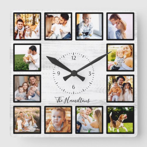 Family 12 Photos Collage Farmhouse Rustic Wood Square Wall Clock