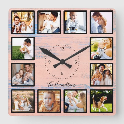 Family 12 Photos Collage Farmhouse Rustic Wood Square Wall Clock