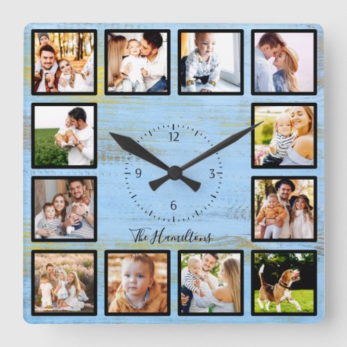 Family 12 Photos Collage Farmhouse Rustic Wood Square Wall Clock