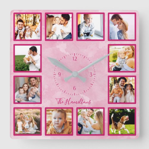 Family 12 Photos Collage Pink Watercolor Square Wall Clock