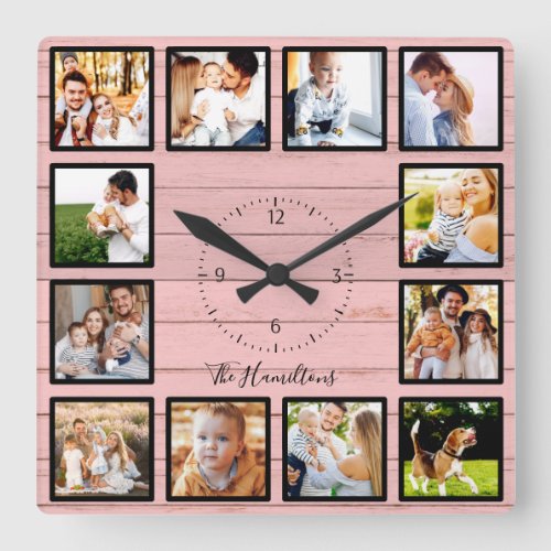 Family 12 Photos Collage Pink Wood Square Wall Clock