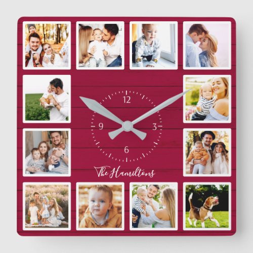 Family 12 Photos Collage Red Wood Square Wall Clock