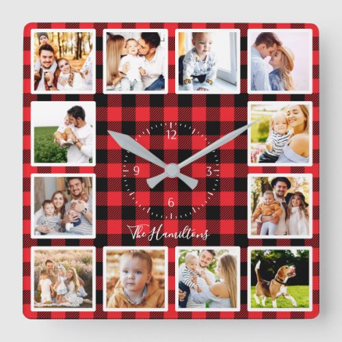 Family 12 Photos Collage Rustic Lumberjack Pattern Square Wall Clock