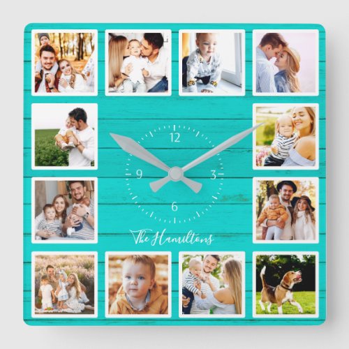 Family 12 Photos Collage Teal Wood Square Wall Clock