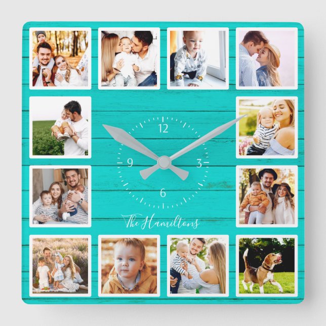 Family 12 Photos Collage Teal Wood Square Wall Clock (Front)