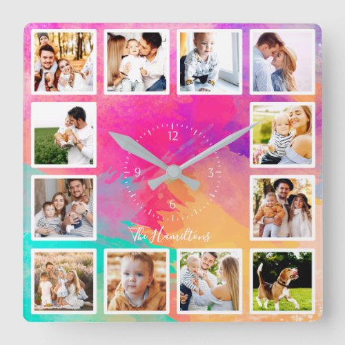 Family 12 Photos Collage Vibrant Colors Square Wall Clock