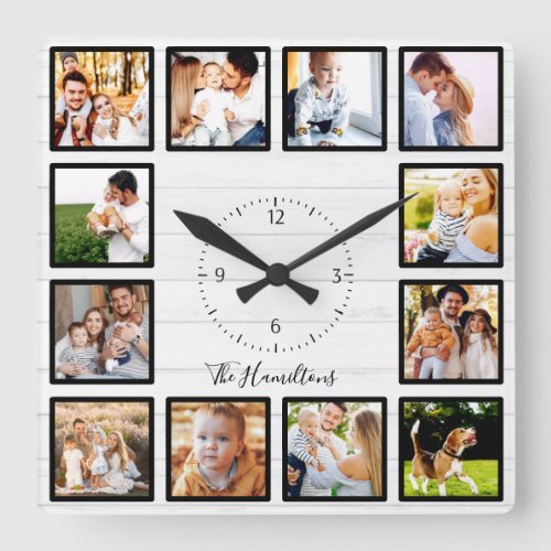 Family 12 Photos Collage White Wood Square Wall Clock