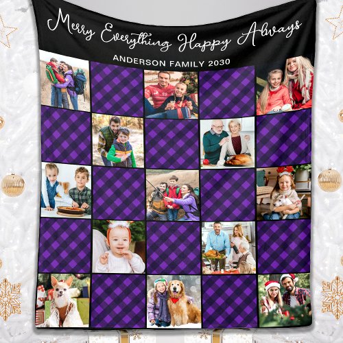 Family 13 Photo Collage Personalized Holiday Plaid Fleece Blanket