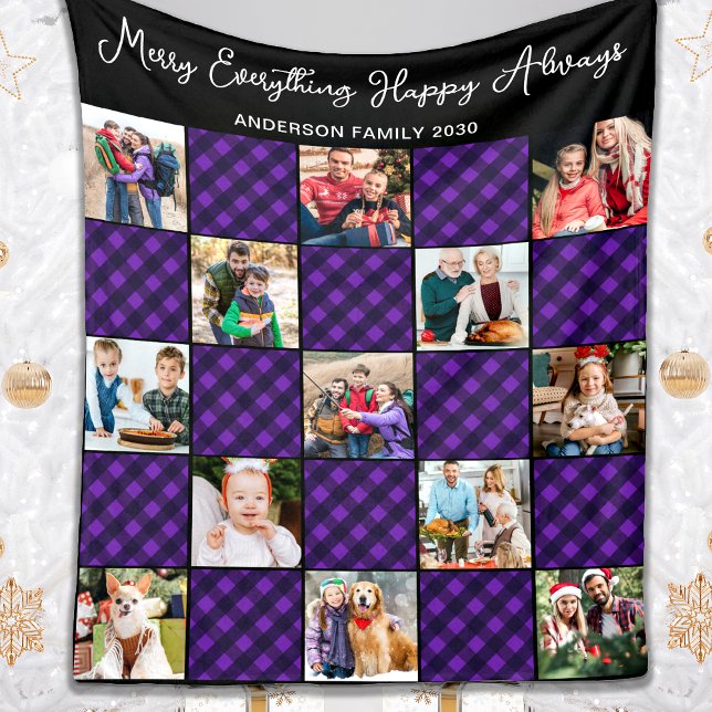 Family 13 Photo Collage Personalized Holiday Plaid Fleece Blanket (Creator Uploaded)
