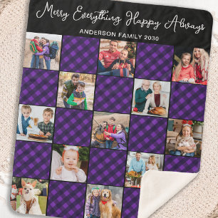 Family 13 Photo Collage Personalized Holiday Plaid Sherpa Blanket