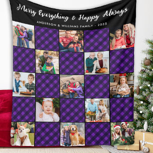 Family 13 Photos Personalized Purple Holiday Plaid Fleece Blanket