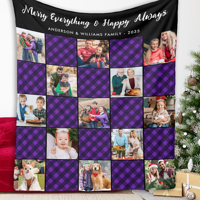 Family 13 Photos Personalized Purple Holiday Plaid Fleece Blanket (Creator Uploaded)