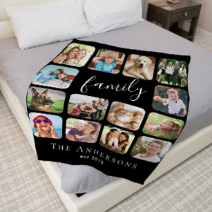 Family 14 Photo Collage Black Sherpa Blanket