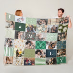 Family 18-Photo Collage Patchwork Quilt Style Fleece Blanket<br><div class="desc">Create a personalized family photo collage blanket in a charming faux quilt style that beautifully showcases your most cherished moments. This custom design features a collage of 18 of your favorite family photos with a mix of timeless patterns like florals, plaids, and solids in warm shades of green, beige, and...</div>