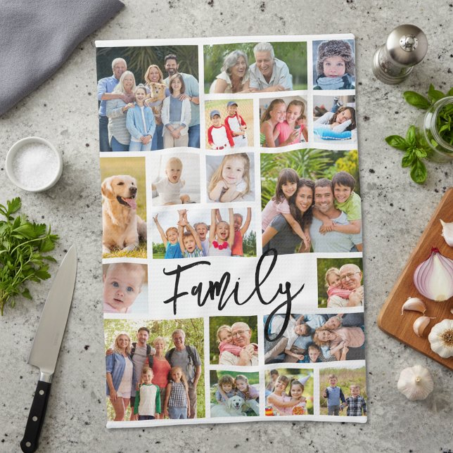 Family 19 Photo Collage Modern Script Kitchen Towel (Creator Uploaded)