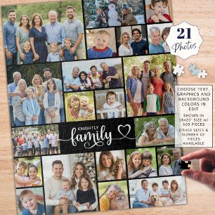 Family 21 Photo Script Heart Name Jigsaw Puzzle