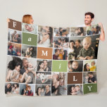 Family 22-Photo Collage Fleece Blanket<br><div class="desc">This customizable photo collage blanket celebrates family with a warm and inviting design featuring a grid of cherished photos interspersed with bold letters spelling out "family." The earthy color palette of green, brown, and neutral tones adds a cozy and modern touch, perfectly complementing your treasured memories. Ideal for showcasing special...</div>