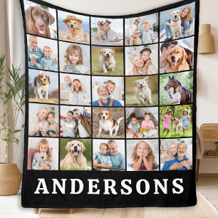 Family 25 Photo Collage Personalized Name Black Fleece Blanket