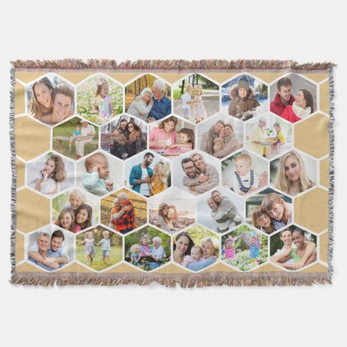 Family 28 Photo Collage Honey Beige Honeycomb Throw Blanket