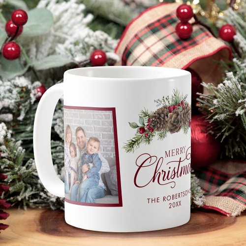 Family 2 Photo Christmas Pine Elegant Script  Coffee Mug