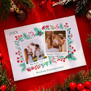 Family 2 Photo Collage Christmas Watercolor Holiday Card