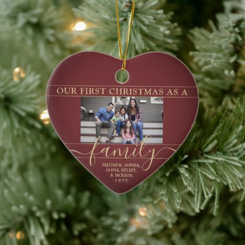 Family 2 Photo First Christmas Burgundy Red  Gold Ceramic Ornament