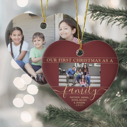 Family 2 Photo First Christmas Burgundy Red  Gold Ceramic Ornament